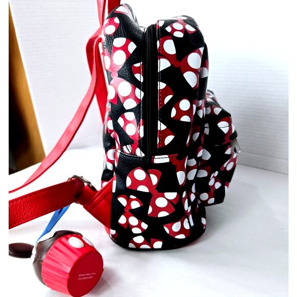 Disney Parks Backpack Minnie Mouse Large Bow Bag w/ Mickey Cupcake Keychain - Picture 10 of 13